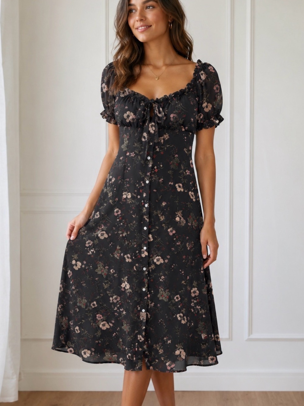 Chelsea28 Black Floral Puff-Sleeve Midi Dress N0618